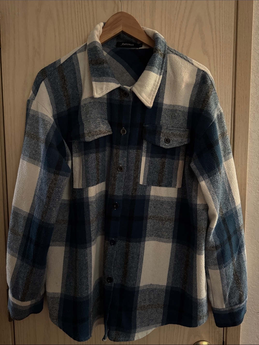 Women’s Oversized Plaid Shacket Jacket - Blue & Cream